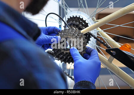 Fahrrad, Reparatur und Wartung. Fahrrad Service, Installation Umwerfer Mann strafft und schmiert das Schaltwerk in den Bike serviceman. Der Mann repariert das Fahrrad Fahrrad reparieren Fahrrad Service, Fahrrad reparieren Stockfoto