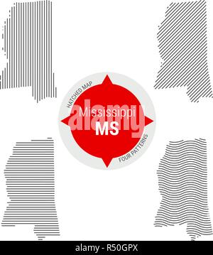 Schraffierte Muster vektorkarte von Mississippi. Stilisierte Einfache Silhouette von Mississippi. Vier verschiedene Muster Stock Vektor