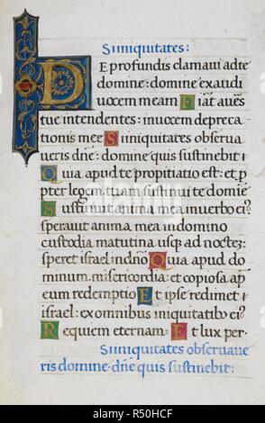 Text Seite mit ersten'. Mirandola Stunden. Italien, ca. 1490-1499. [Ganze folio] Text Seite vom Büro des Toten. Psalm 129 mit verzierten erste 'D' Bild von Mirandola Stunden genommen. Ursprünglich veröffentlicht in Italien produziert, ca. 1490-1499. Quelle: Hinzufügen. 50002, f 87. Sprache: Latein. Stockfoto