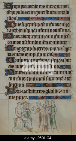 Bas-de-Seite Szene, König Heinrich, Sitz, eine Krone trägt und hält ein Szepter, Übergabe Thomas Becket einen Brief, um ihm die Ernennung als Erzbischof. Queen Mary Psalter. England (London?); ca. 1310-1320. Quelle: Royal 2 B VII, 290 v. Sprache: Latein. Stockfoto