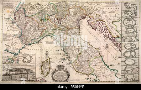 Eine Straßenkarte von Norditalien. Eine neue Karte der obere Teil von Italien, die ihr Fürstentum Piemont Ihr dutchies von Savoyen, Mailand... ([Mit Plänen der] Venedig, Mantova, Mailand, Turin, Genua, Placenza, Parma, Modena, Florenza, Rom). London, [1731?]. Quelle: Karten K. Top. 75.74. Sprache: Englisch. Autor: MOLL, Herman. Stockfoto