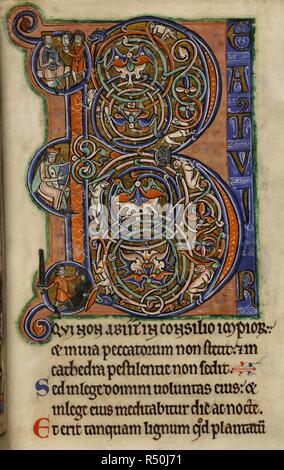 Historisierte Initiale 'B' (eatus) mit Medaillons von David und Goliath, Kopf des David spielt die Harfe, und David Enthauptung Goliath, am Anfang von Psalm 1. Psalter, mit Litanei, Gebete und Ostern Tabellen (die "Westminster Psalter"). England, S. (Westminster oder St. Albans); c. 1200. Quelle: Royal 2 A. XXII, f 15. Sprache: Latein. Stockfoto