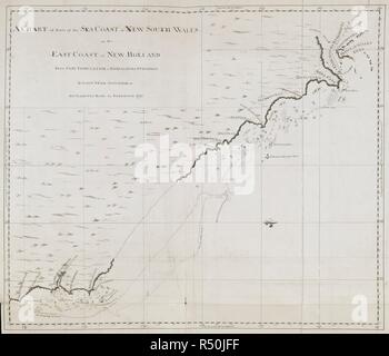 Ein Diagramm der Teil der Küste von New South Wales, an der Ostküste von New Holland, von Cape Tribulation zu bemühen Straße; von lieut. James Cook, 1770. Karten, Pläne, Ansichten und Zeichnungen an Bord der Endeavour während Kapitän Cook's erste Reise, 1768-1771. 1770. Frau 2 w. 2 1/2 in. x 1 w. 10.; 67 x 56 cm. Quelle: Hinzufügen. 7085, Nr. 39. Sprache: Englisch. Autor: Cook, James. PRAVAL, Charles. Stockfoto