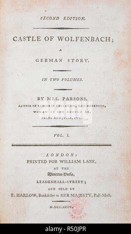 Titel von "Schloss von Wolfenbach'. Schloss von Wolfenbach; eine deutsche Geschichte. In zwei Bänden. London: gedruckt für William Lane, am Minerva-Press; und durch E. Harlow, 1794 verkauft. Quelle: C.192. Ein.187, Titel Seite. Sprache: Englisch. Stockfoto