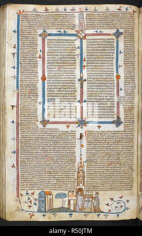 Ein Bas-de-Seite Szene eines Bischofs und der Jungfrau Maria durch einen Altar. Decretals von Gregor IX mit Glossa o (der "mithfield Decretals"). Frankreich, S. (Toulouse?); im letzten Viertel des 13. Jahrhunderts oder 1. Quartal des 14. Jahrhunderts. Quelle: Royal 10 E.IV, f 195 v. Sprache: Latein. Autor: Raymond von PeÃ±afort, Editor. Bernhard von Parma, glossator. Stockfoto