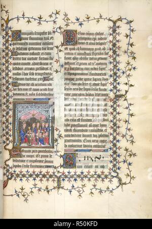 Miniatur eines Bischofs, der Verwaltung der geweihten Wafer für die erste von fünf neuen Priester, die vor ihm knien; hinter, ein Kaplan halten die Schale für die Reinigung der Kommunikanten, mit einem Kreuz - Inhaber- und zwei Diakone, verzierten Initialen und volle foliate Grenze, am Beginn des zweiten Teils der Päpstlichen des Guilelmus Durandus. Die Päpstlichen des Guilelmus Durandus, Verwendung von Mende. Frankreich, S.?; zwischen C. 1390 und 1402. Quelle: Yates Thompson 24, w.76. Sprache: Latein. Autor: Durandus, William. Stockfoto