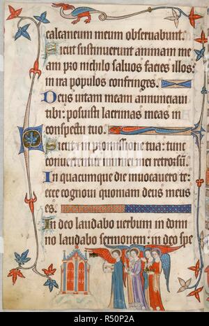 Psalm 55; Festzug der Engel. Luttrell Psalter. England [East Anglia]; ca. 1325-1335. [Ganze folio] Psalm 55. Grenze Dekoration mit kleinen Tieren grotesk. Im Unterrand, fünf Engel Prozess hin zu einer kleinen Kirche oder Heiligtum auf einem Hügel ein. Der erste Engel trägt eine Pfanne, zwei Halten Sie Kerzen und ein viertes gold Weihrauch Boot und Löffel Bild von Luttrell Psalter entnommen. Ursprünglich veröffentlicht in England [East Anglia] hergestellt; ca. 1325-1335. . Quelle: Hinzufügen. 42130, f.103 v. Sprache: Latein. Stockfoto