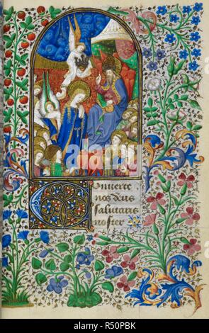 Miniatur der Krönung der Jungfrau Maria, mit einer Gruppe von Heiligen, wie die Apostel, Stephen, Vincent, Laurence, Katherine und Agnes, zu Beginn der Komplet in den Stunden der Jungfrau. Buch der Stunden, Gebrauch von Rom ("Die Dunois Stunden"). Frankreich, Zentrale (Paris); c. 1440 - C. 1450 (nach 1436). Quelle: Yates Thompson 3, w.114. Sprache: Latein, mit einem französischen Kalender. Stockfoto