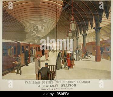 Einen Bahnhof. Passagiere auf einer Plattform. Eine Dampfeisenbahn. Eine Eisenbahn Porter. Der Passagier trägt einen deerstalker. . Bekannte Szenen für Anschauungsunterricht. W. & A.K. Johnston: Edinburgh, 1894-96. Farbe Abbildung. Transport. Der viktorianischen Ära. Quelle: 14000. r 8 Blatt 4. Sprache: Englisch. Stockfoto