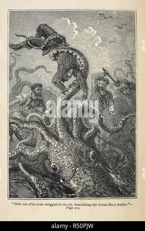 "Nur einen seiner Arme wand sich in der Luft, schwingt das Opfer wie eine Feder". Ein Tintenfisch Angriff auf die Besatzung der "Nautilus". Kapitän Nemo Angriffe mit einer Axt. Eine Illustration aus dem Roman. 20 000 Meilen unter den Meeren. Mit Illustrationen aus dem Französischen übersetzt. Dritte Ausgabe. [Vingt Mille Lieues Sous les Mers]. London: Sampson Niedrig & Co., 1873. Quelle: 12516 b. 21 gegenüberliegenden Seite 275. Sprache: Englisch. Stockfoto