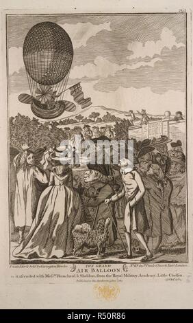 Der Grand Ballon. Jean-Pierre Blanchard und John Sheldon aufsteigend in einem Ballon auf den 16. Oktober, 1784. Eine Sammlung von breitseiten, Stecklinge von newspape. 1780?-1810?. Der Grand Ballon, wie er auffuhr mit den Herren Blanchard & John Sheldon, von der Royal Military Academy, ein wenig Chelsea, 16. Okt. 1784. Jean Pierre Français ois Blanchard (1753-1809), eine französische Ballonfahrer, der Erfinder des Fallschirms, war bei La Haye mit einer getötet. Er war der erste Mensch, mit John Jeffries, ein Amerikaner, der den Ärmelkanal von Ballon zu überqueren, von Dover nach Calais im Jahr 1785. Bild aus einer Sammlung von b genommen Stockfoto
