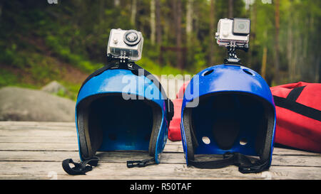 Detail shot mit Action Kamera auf einem Sport Helm montiert. Stockfoto