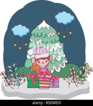 Cute Santa Helfer mit Geschenken in den snowscape Vector Illustration Design Stock Vektor