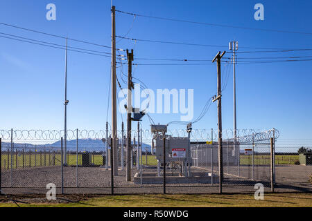 Eine kleine ländliche Unterstation in Hororata, Canterbury, Neuseeland Stockfoto