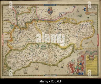 Sussex und Kent. Ein Atlas von England und Wales, mit 35 Farben. London, 1579. Eine Karte von Sussex und Kent, mit Teilen von Essex, Buckinghamshire, Bekshire, Hampshire und Middlesex. Bild aus einem Atlas von England und Wales, mit 35 farbigen Karten, gezeichnet von Christopher Saxton und durch A. Ryther, R. Hogenberg, C. Hogius, N. Reynolds, L. und F. Terwoort Scatter eingraviert. Ursprünglich veröffentlichte/1579 produziert. Quelle: Maps.C.3.bb.5, f 11. Sprache: Englisch. Stockfoto