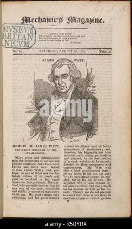 Ein Porträt und Nachruf auf James Watt. . Mechanik Magazin. England, 1823. James Watt (1736 - 1819). Schottische Ingenieur und Erfinder. Quelle: PP. 1705 Titel Seite. Sprache: Englisch. Stockfoto