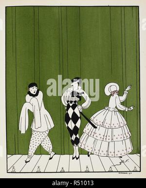 Drei Zeichen aus dem Jahre 1910 Ballett, Karneval, komponiert von Robert Schumann. Auf der linken Seite ist ein mime-Künstler. In der Mitte ist ein Mann, der mit einem weißen Hemd mit schwarzer Krawatte gekleidet und überprüft Hose, das Tragen einer Maske. Auf der rechten Seite ist eine Dame, nach hinten gerichtet, trug ein weißes Kleid und Haube, mit rosa Stickerei und ein Band. . Designs auf die Tänze von Vaslav Nijinsky... Mit einem Vorwort von Francis de Miomandre, aus dem Französischen übersetzt von C. W. Beaumont. London, Paris [Druck], 1913. Quelle: L. R. 28.., 14., Platte 8. Autor: Barbier, George. Stockfoto
