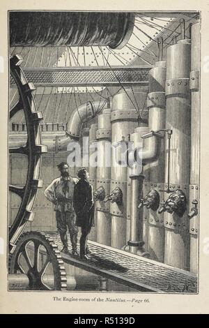 "Der Maschinenraum der Nautilus". Kapitän Nemo. 20 000 Meilen unter den Meeren. Mit Illustrationen aus dem Französischen übersetzt. Dritte Ausgabe. [Vingt Mille Lieues Sous les Mers]. London: Sampson Niedrig & Co., 1873. Quelle: 12516 b. 21 gegenüberliegenden Seite 66. Sprache: Englisch. Stockfoto