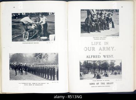 Vier Fotos: Federleicht Gewicht Boxen. Inspektion der ons der Tapferen" durch SEINE KÖNIGLICHE HOHEIT, Herzog von Connaught. Unsere Marine und Armee. Greenwich und Dukies. Im Akkubetrieb in Aktion. Söhne der Tapferen. Herzog von r.m. School in York. Eine Synopse der life-work von Alfred West... Darstellung kinematographischen Szenen des Lebens in unserer Flotte und unserer Armee, unserer Handelsmarine, unsere Kolonien, unser Vergnügen, Flotten und unserer Heimat. Eine illustrierte und beschreibenden Katalog. Portsmouth: Wessex Press, [1912]. Quelle: 8829 k. 34 Seiten 49-50. Thema: West, Alfred, F.R.G.S. Stockfoto