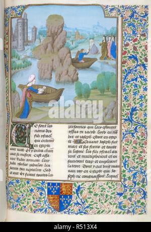 Diagnose des Mose. Bibel Historiale. S. Niederlande [Brügge?]; 1479. [Ganze folio] die Belichtung und die Diagnose von Moses. Landschaft mit Wasser und einem ummauerten Stadt. Der junge Moses in einem Boot gebracht werden; und im Hintergrund, das Baby wird aus einem Boot zu einer Gruppe von Frauen übergeben. Text Anfang dekoriert mit ersten 'C' Bild von der Bibel Historiale genommen. Ursprünglich veröffentlichte/in S. Niederlande [Brügge?] produziert; 1479. . Quelle: Royal 18 D IX, f 109. Sprache: Französisch. Stockfoto