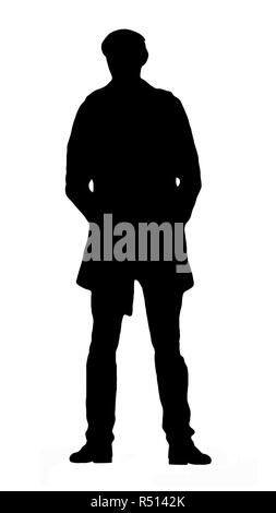 Schwarze Silhouette eines Erwachsenen, schlank und ein junger Mann, der in der Pose zu warten und die Hände in den Taschen der Hosen. Auf weissem Hintergrund Stockfoto