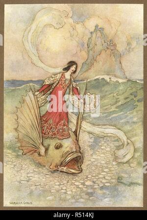 Rita Reiten auf der Delphin, aus den drei verzauberten Prinzen. Geschichten aus der Pentamerone... Ausgewählt und von E. F. Seltsame bearbeitet werden. Illustriert von Warwick Goble. (Übersetzung von John Edward Taylor. Edition de Luxe.). London: Macmillan & Co., 1911. Quelle: LR.26.d.10 Platte 21 opp. Seite 180. Stockfoto