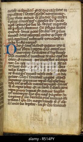 Zeichnung der Skyline der Stadt Leicester. Historia regum Britanniae, Prolog der Prophezeiungen von Merlin, und den Brief an Alexander, Bischof von Lincoln. England, S.E. (London?); 1. Quartal des 14. Jahrhunderts. Quelle: Royal 13 A III, 18. Sprache: Latein. Autor: Geoffrey von Monmouth. Stockfoto