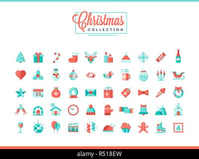 Satz mit 50 schöne Weihnachten Symbole, flaches Design Stil Stock Vektor