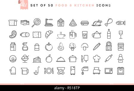 Satz mit 50 Essen und Küche Symbole, dünne Linie Stil Stock Vektor
