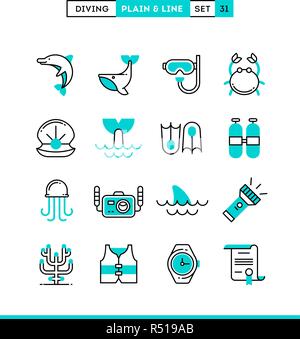 Tauchen, Unterwasser Tiere, Ausrüstung, Zertifikat und vieles mehr. Stock Vektor