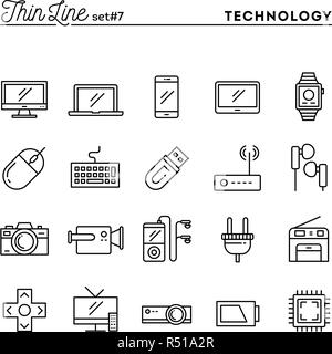 Technik, Geräte, Geräte und mehr, dünne Linie Symbole gesetzt Stock Vektor