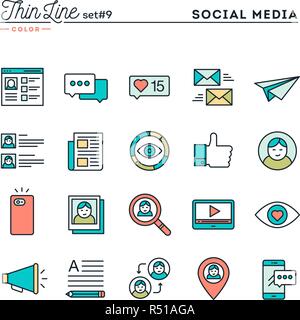 Soziale Medien, Kommunikation, persönliches Profil, online-Buchung und mehr, dünne Linie Farbe Symbole gesetzt Stock Vektor