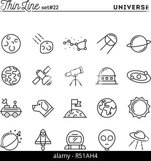 Universum, Himmelskörper, Rakete starten, Astronomie und mehr, dünne Linie Symbole gesetzt Stock Vektor