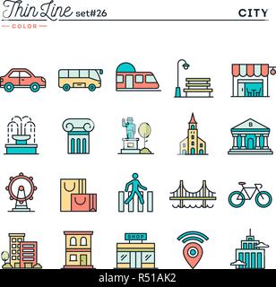 Stadt, Transport, Kultur, Shopping und mehr, dünne Linie Farbe Symbole gesetzt Stock Vektor