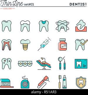 Zahnarzt, Zahnpflege, gesunde Zähne, Schutz und mehr, dünne Linie Farbe Symbole gesetzt Stock Vektor