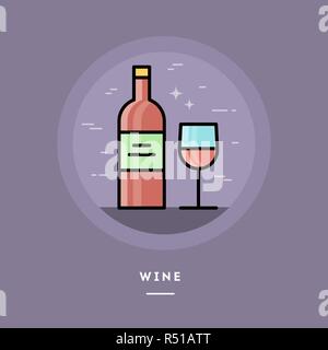 Flasche und Glas Rotwein, flache Bauform dünne Linie banner Stock Vektor