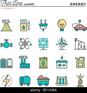 Power, energy, electricity production and more, thin line color icons set Stock Vektor