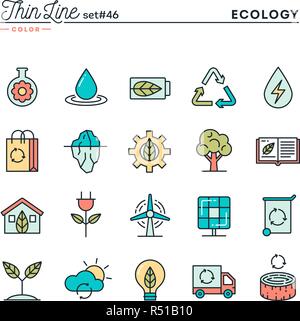 Ökologie, Natur, saubere Energie, Recycling und mehr, dünne Linie Farbe Symbole gesetzt Stock Vektor