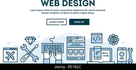 Web Design, Konzept Kopf, flache Bauform dünne Linie Stil Stock Vektor
