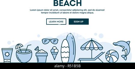 Strand, Sommerurlaub, Konzept Kopf, flache Bauform dünne Linie Stil Stock Vektor