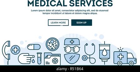 Medizinische Dienste, Konzept Kopf, flache Bauform dünne Linie Stil Stock Vektor
