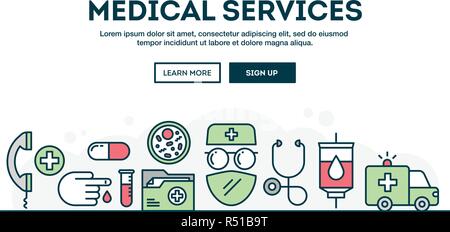 Medizinische Dienste, bunte Konzept Kopf, flache Bauform dünne Linie Stil Stock Vektor