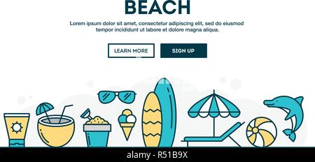 Strand, Sommerurlaub, bunte Konzept Kopf, flache Bauform dünne Linie Stil Stock Vektor