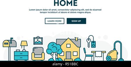 Haus, Zuhause, Innenraum, bunte Konzept Kopf, flache Bauform dünne Linie Stil Stock Vektor