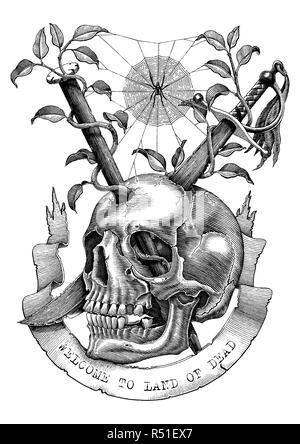 Schwerter und Nägel sind in den Schädel in der verlassenen Land eingefügt. Gravur Abbildung: Vintage Style für Tattoo Art. Stock Vektor