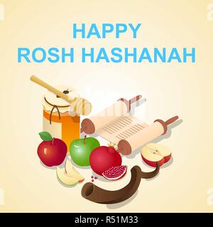 Happy Rosch Haschanah Konzept Hintergrund. Isometrische von Happy Rosch Haschanah vektor Konzept Hintergrund für Web Design Stock Vektor