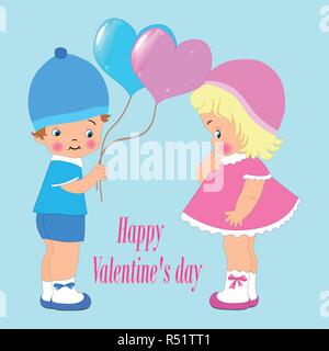 Valentinstag für Einladung oder Grußkarte, süße Kinder, Junge und Mädchen. Ballons, Vektor Stock Vektor