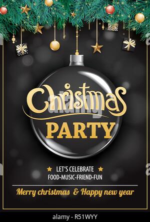 Merry Christmas Party und glas kugel auf dunklem Hintergrund Einladung Thema Konzept. Happy Holiday Grußbanner und Card Design vorlage. Stock Vektor