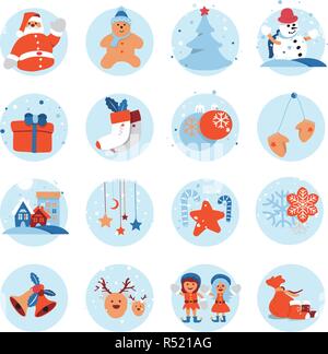 Frohe Weihnachten und guten Rutsch ins Neue Jahr flachbild Icon Design mit niedlichen Zeichentrickfigur für Urlaub Grußkarte Dekoration oder Banner, Flyer. Vektor illustra Stock Vektor