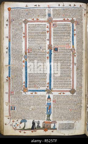 Ein Bas-de-Seite Szene einer Nonne kniend vor einem Mönch. Decretals von Gregor IX mit Glossa o (der "mithfield Decretals"). Frankreich, S. (Toulouse?); im letzten Viertel des 13. Jahrhunderts oder 1. Quartal des 14. Jahrhunderts. Quelle: Royal 10 E.IV, w.182 v. Sprache: Latein. Autor: Raymond von PeÃ±afort, Editor. Bernhard von Parma, glossator. Stockfoto